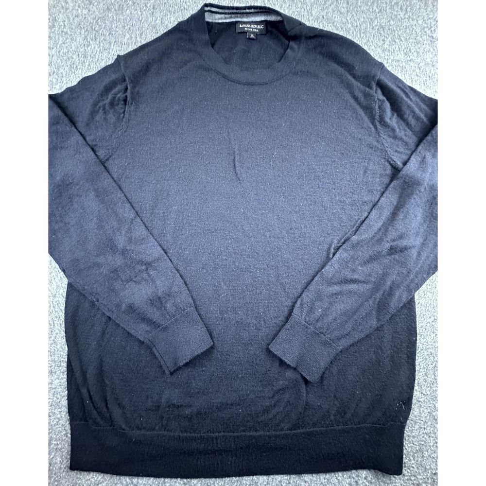 Banana Republic Sweater Mens XLarge Black Merino Wool Crew‎ Neck Pullover Logo